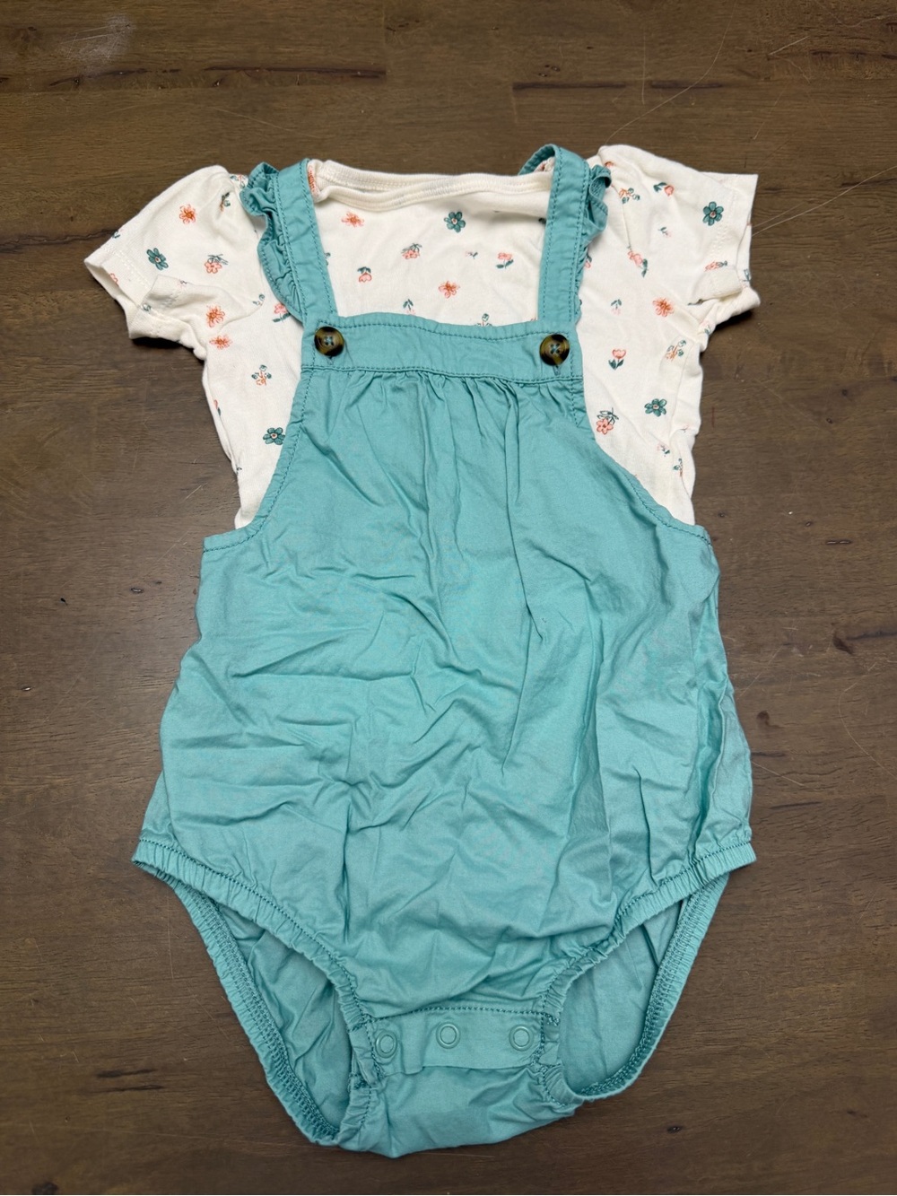 Teal Baby Girls' Romper Overalls w/ Matching Floral Shirt